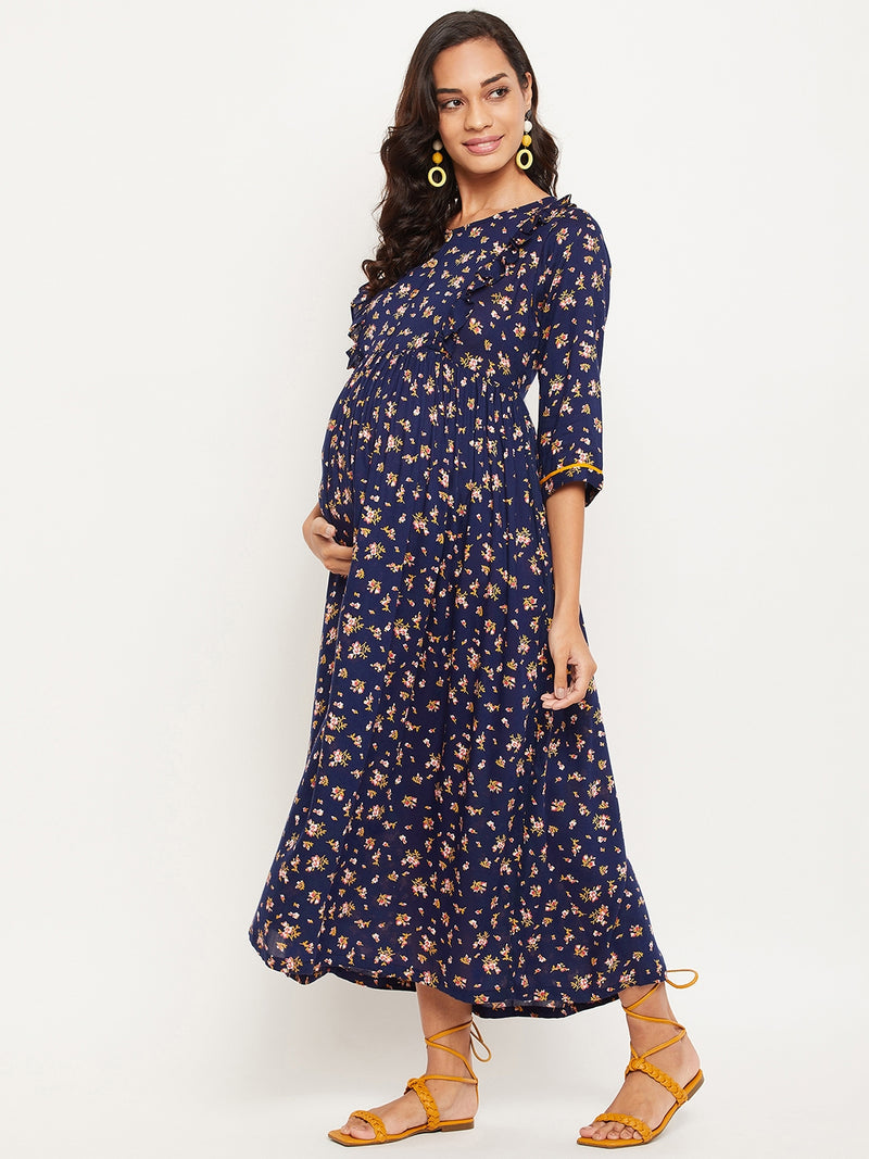 Blue Printed Maternity Dress for Women