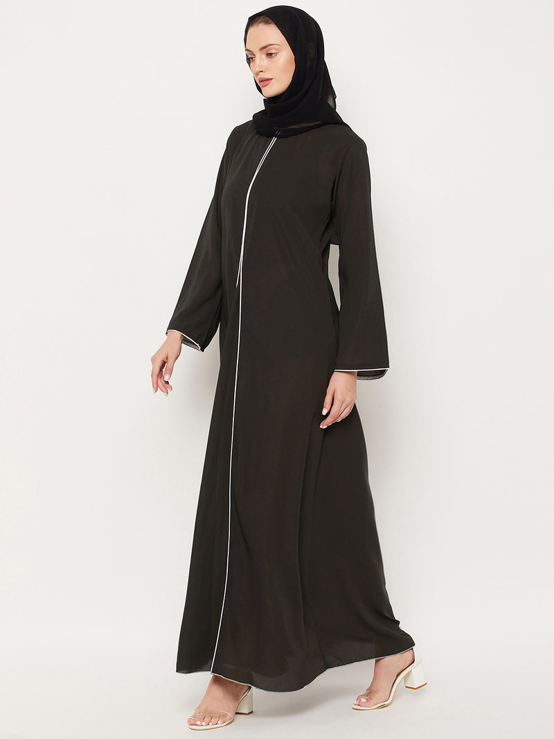 Nabia Olive Green Nida Matte Fabric Abaya With Georgette Scarf