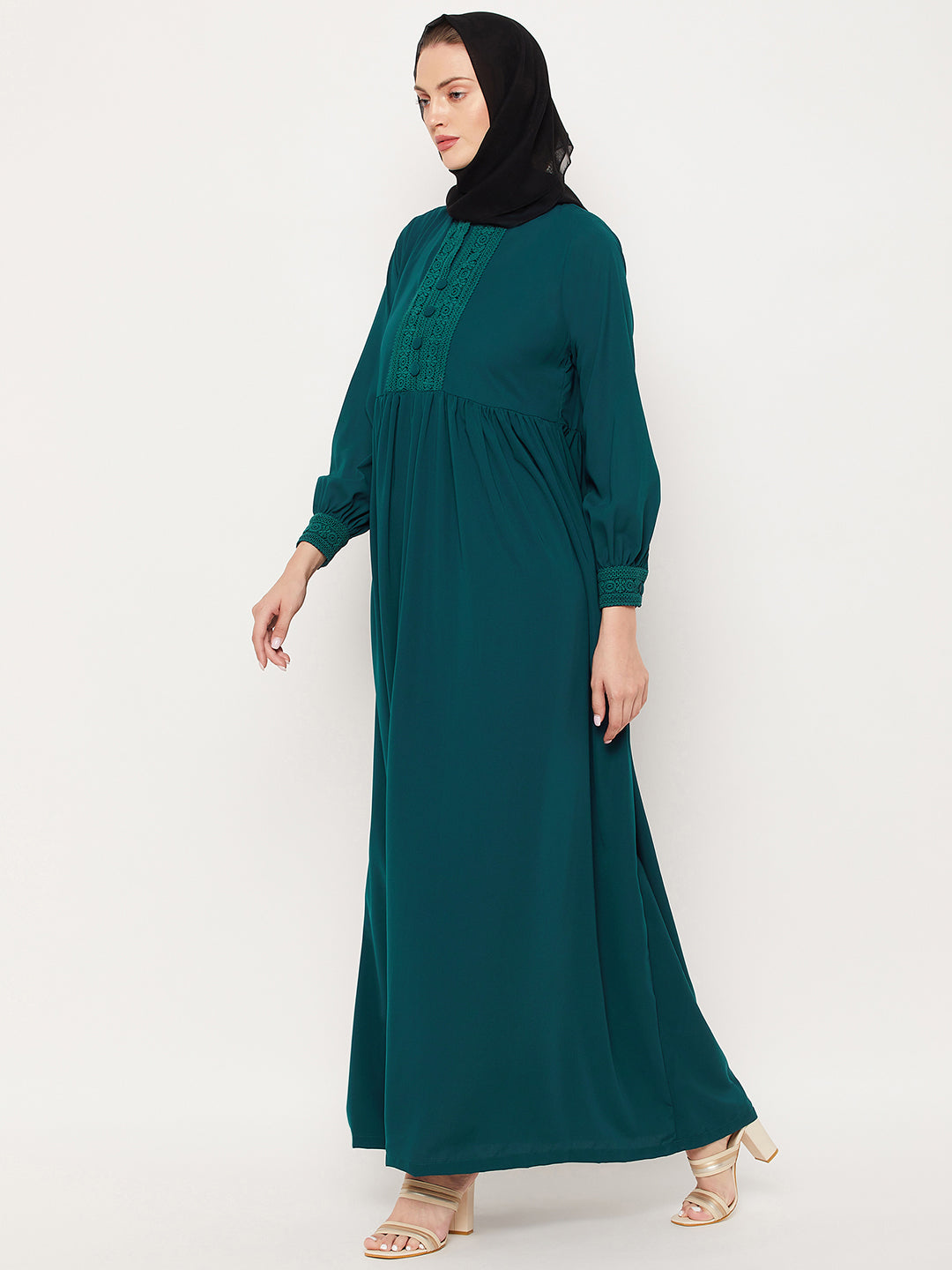 Nabia Green Lace work Women Abaya with Georgette Scarf
