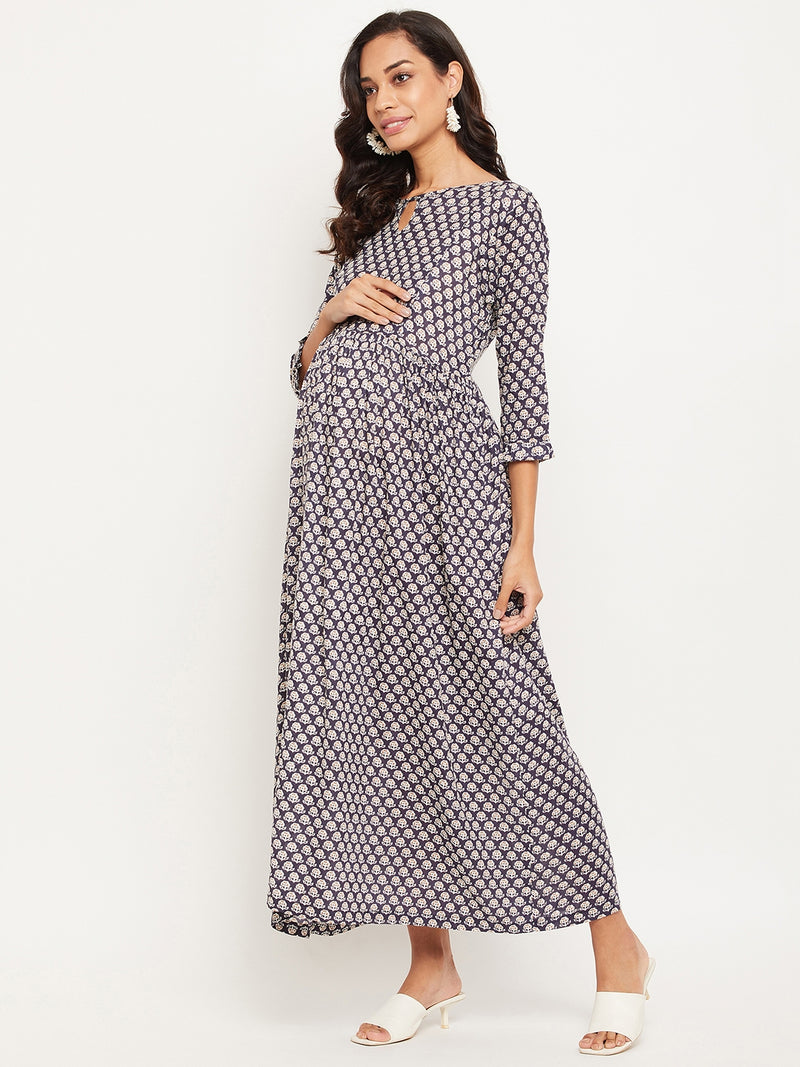 Grey Floral Printed Maternity Dress for Women
