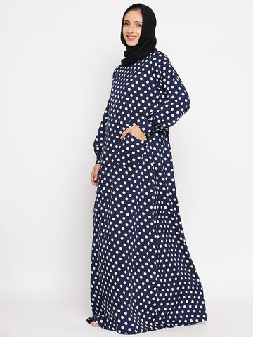 Nabia Women Blue Polka Crepe Abaya Dress With Georgette Scarf