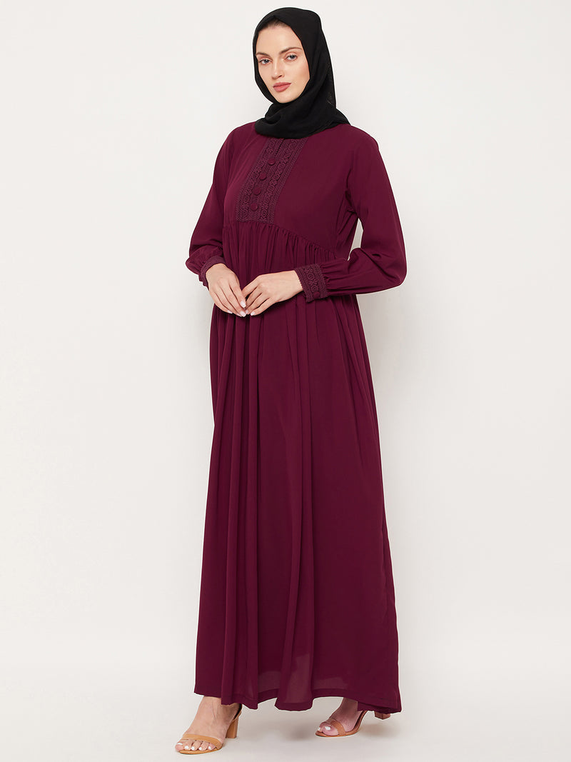 Nabia Maroon Lace Work Nida Matte Women Abaya With Georgette Scarf