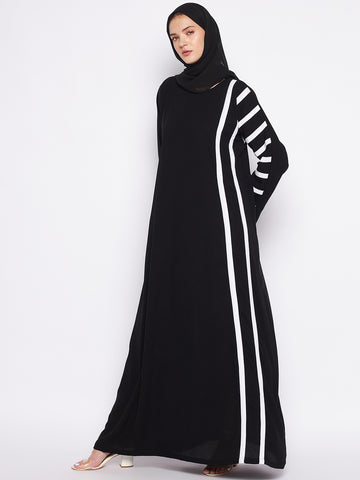 Nabia Black & White A-line Nida Matte Fabric Abaya For Women With Georgette Scarf