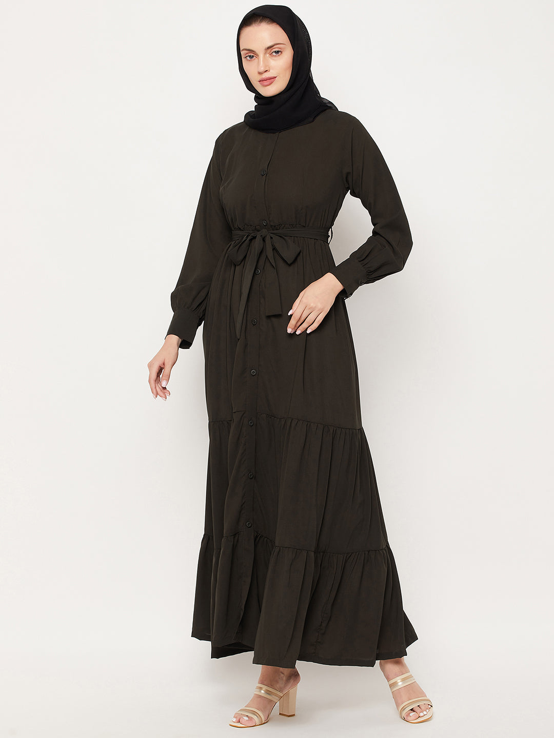 Nabia Olive Green Frill Women Abaya with Georgette Scarf