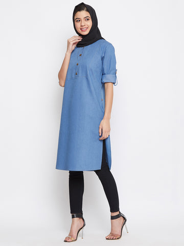 Nabia Women Blue Denim Cotton Tunic Abaya With Georgette Scarf