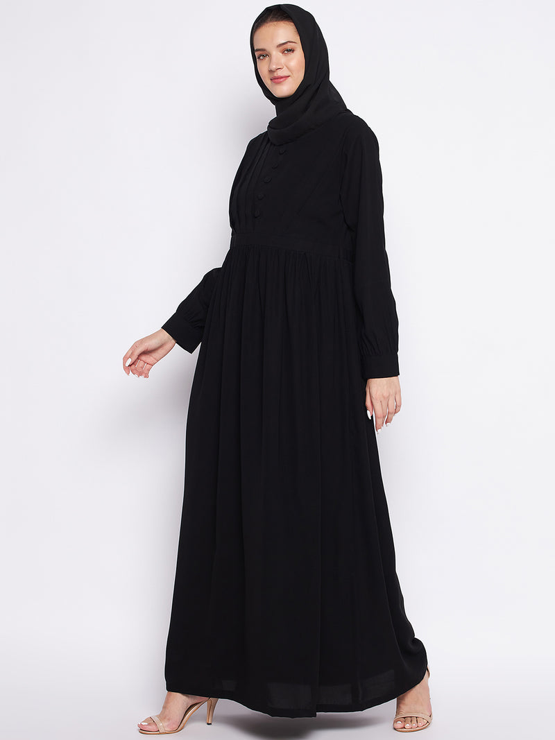 Nabia Black Solid Nida Matte Fabric Abaya For Women With Georgette Scarf