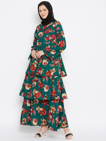 Nabia Women Bottle Green Floral Printed Crepe Three Frill Abaya Dress With Georgette Scarf