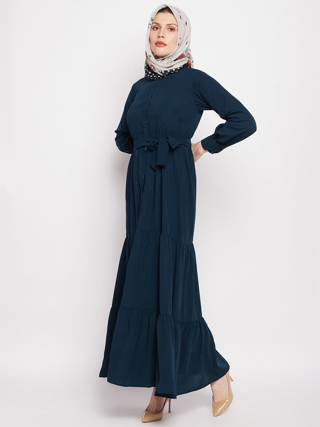Nabia Women Teal Solid Frill Abaya Burqa with Black Georgette Scarf