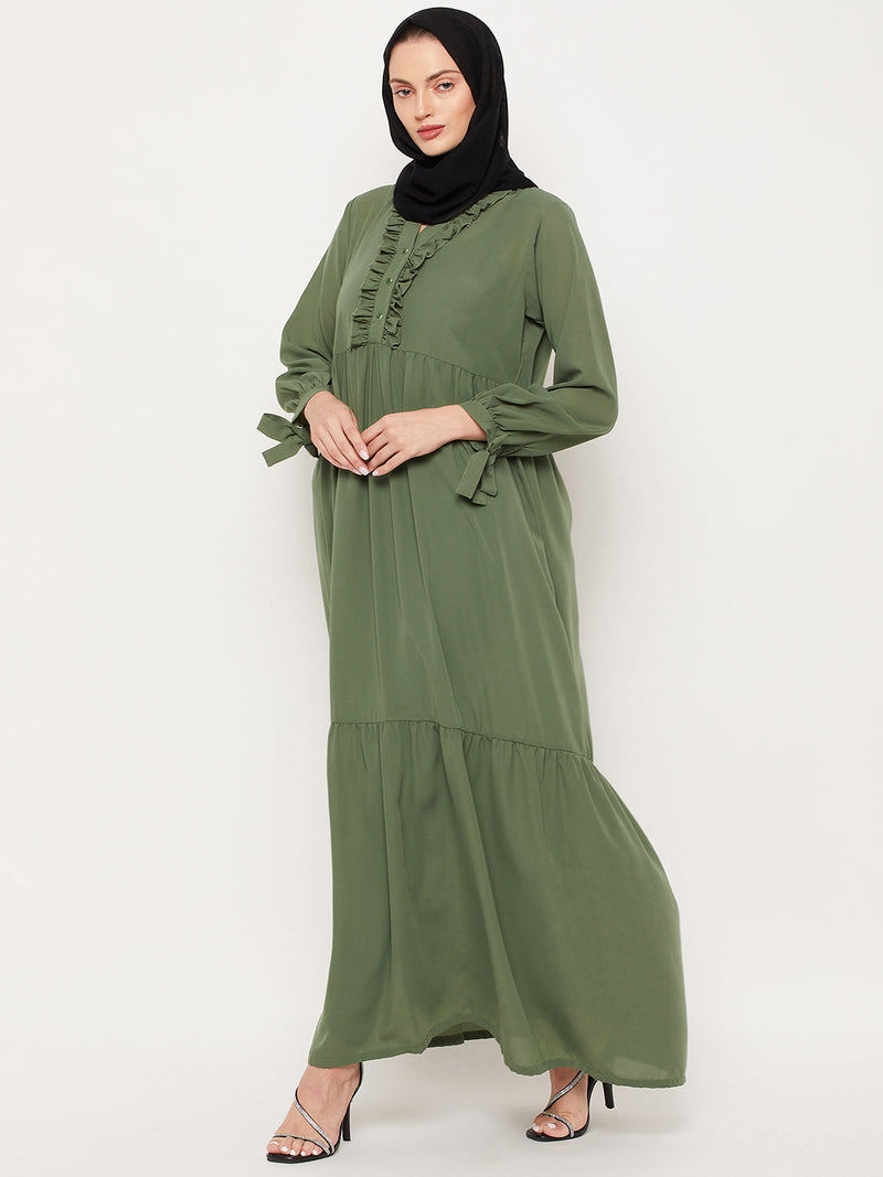 Nabia Jade Green Ruffle Nida Matte Fabric Women Abaya With Georgette Scarf