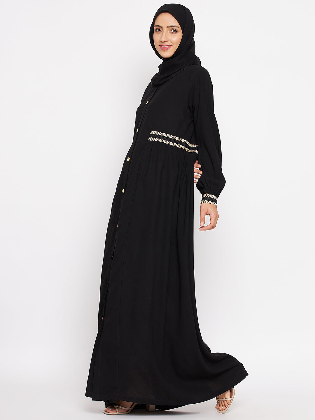 Nabia Women Black Embroidery Nida Matte Long Sleeves Abaya With Georgette Scarf