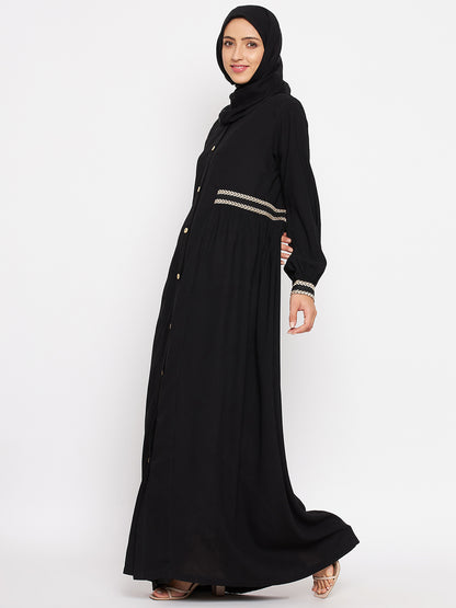 Nabia Women Black Embroidery Nida Matte Long Sleeves Abaya With Georgette Scarf