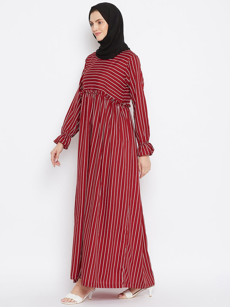 Nabia Women Maroon Solid Stripe Crepe Abaya Dress With Georgette Scarf