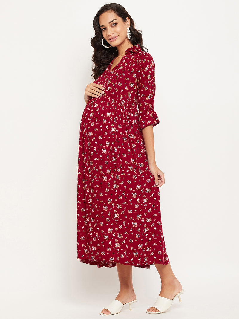 Maroon Floral Printed Maternity Dress for Women