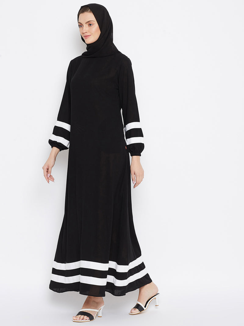 Nabia Women Black & White Solid Nida Matte A line Abaya With Georgette Scarf