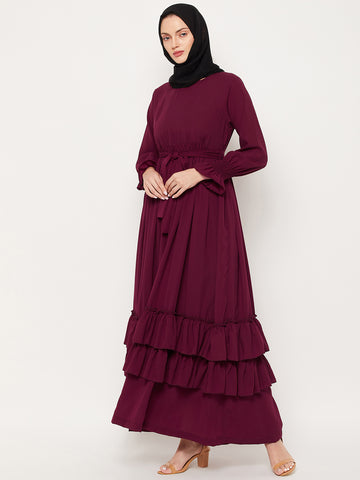 Nabia Maroon Frill Nida Matte Fabric Abaya Dress With Georgette Scarf