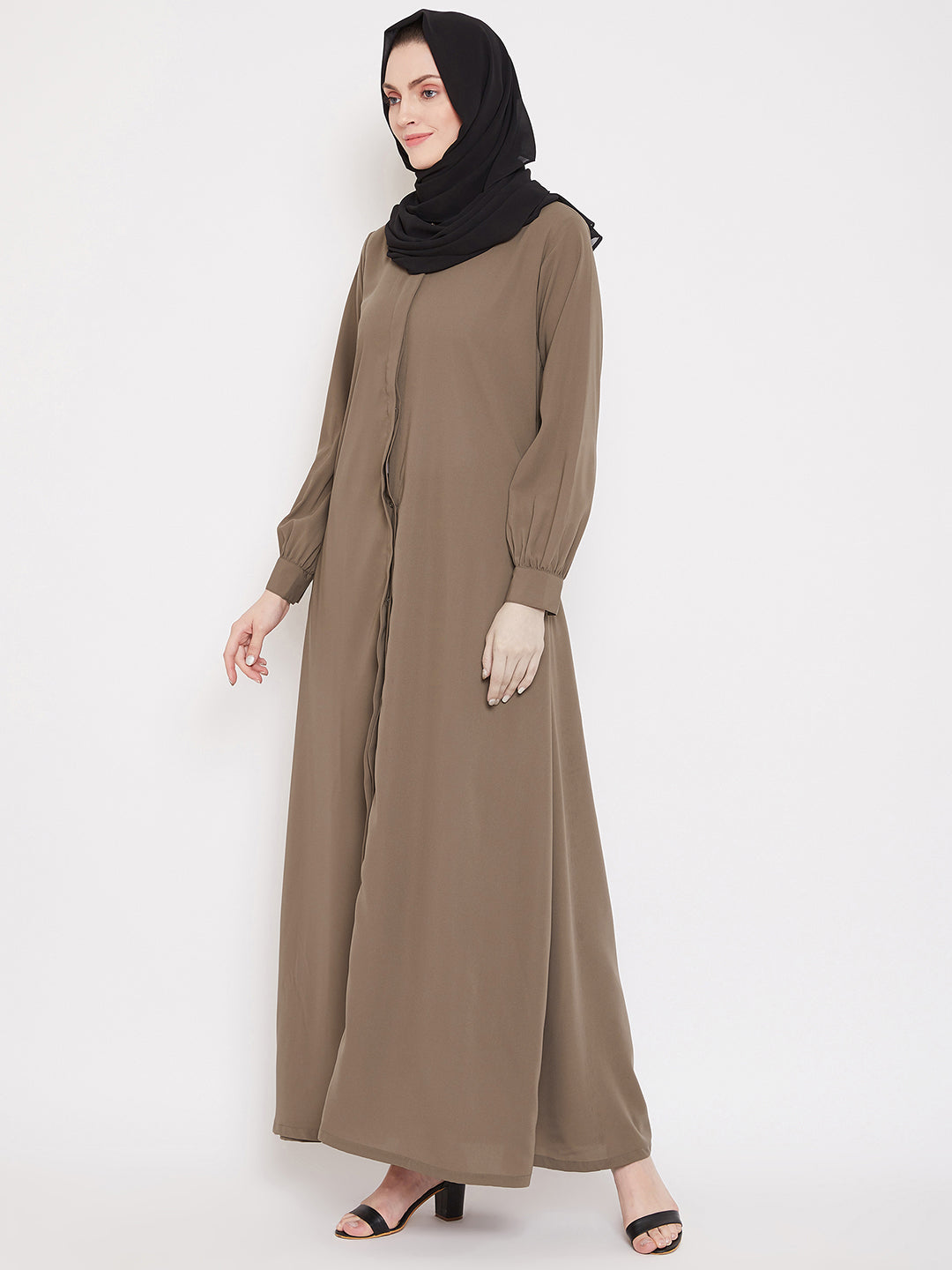 Nabia Women Oat Front Open Abaya with Georgette Scarf