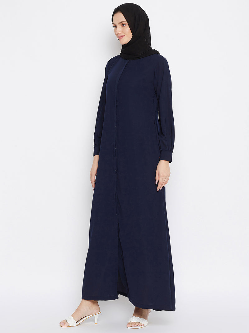 Nabia Women Blue Solid Front Open Abaya With Georgette Scarf
