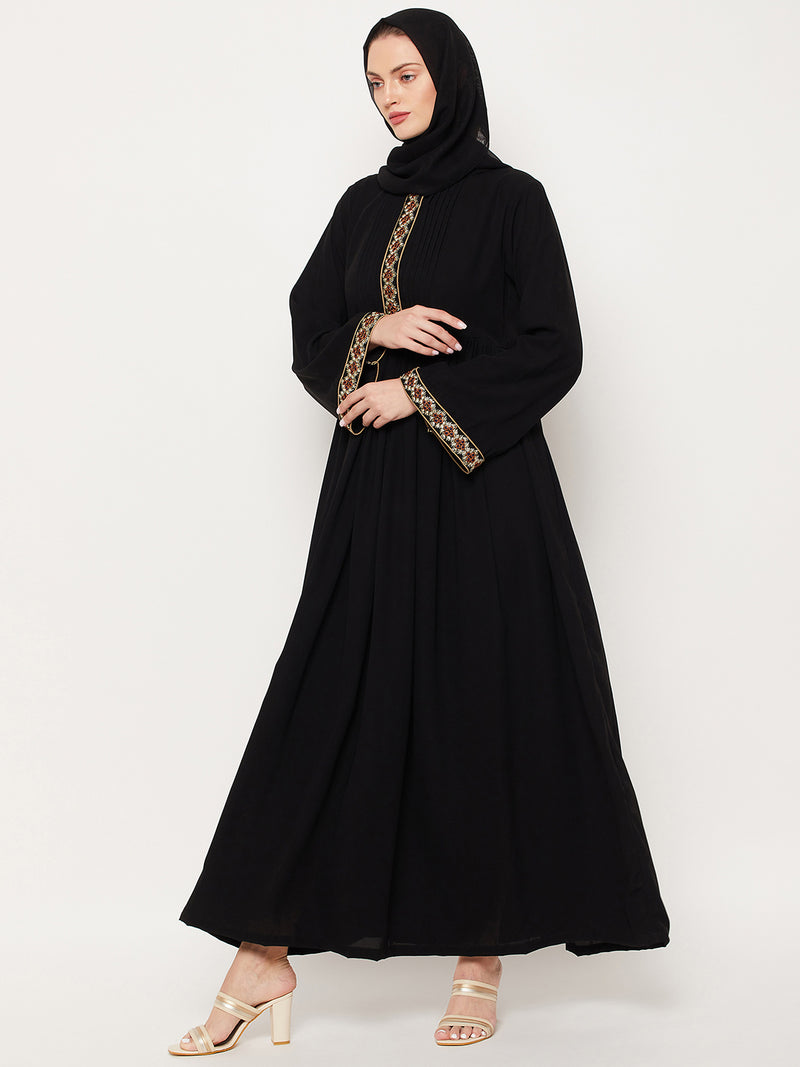 Nabia Black Nida Matte Fabric Embroidery Design Women Abaya With Georgette Scarf