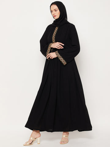 Nabia Black Nida Matte Fabric Embroidery Design Women Abaya With Georgette Scarf