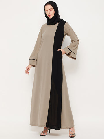 Nabia Beige & Black Nida Matte Fabric Abaya For Women With Georgette Scarf
