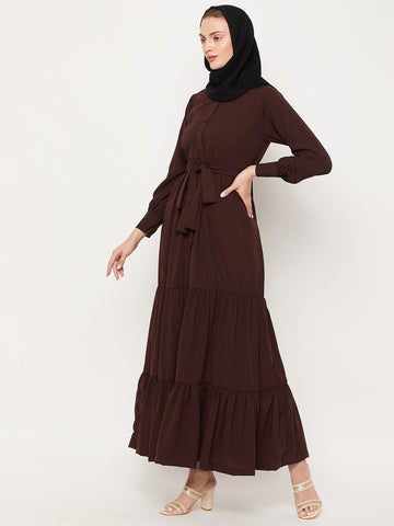 Nabia Brown Frilled Nida Matte Fabric Women Abaya With Georgette Scarf