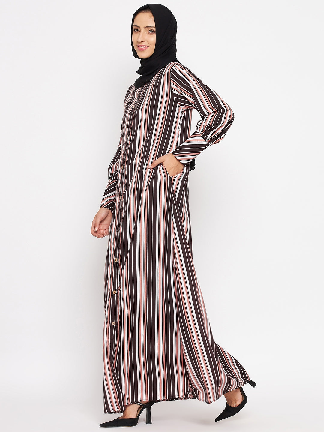 Nabia Brown Front Open Striped Abaya with Georgette Scarf