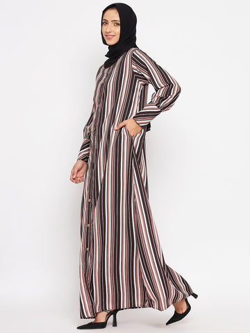 Nabia Women Brown Front Open Striped Abaya With Georgette Scarf