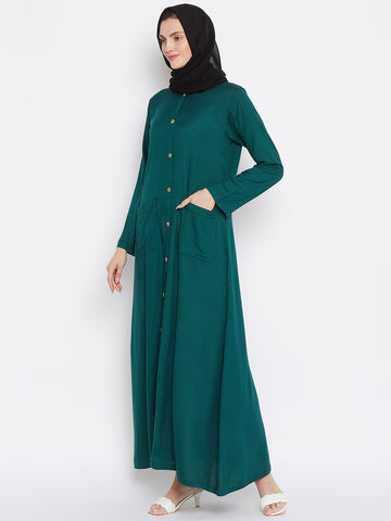 Nabia Women Bottle Green Rayon Front Open Abaya with Georgette Scarf
