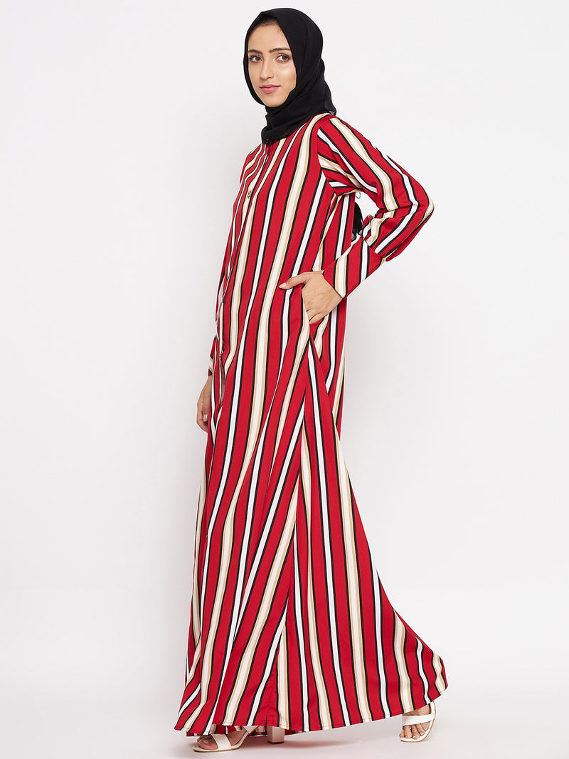 Nabia  Women Red Front Open Striped Abaya With Georgette Scarf