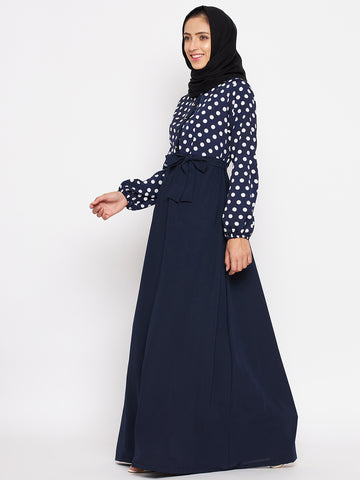 Nabia Women  Blue & White Polka Dot Printed Abaya With Georgette Scarf