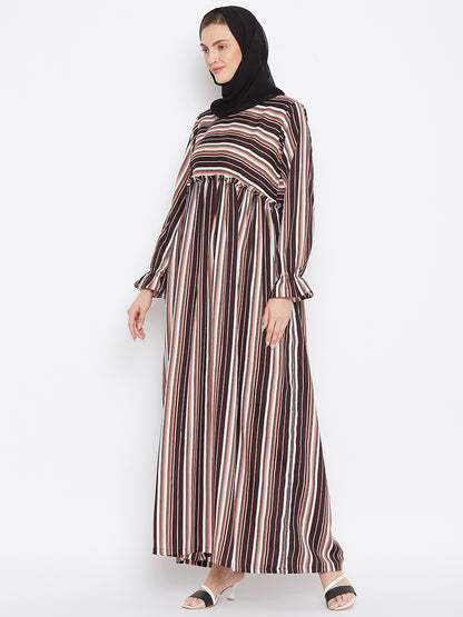 Nabia Brown Stripe Crepe Abaya Dress with Georgette Scarf