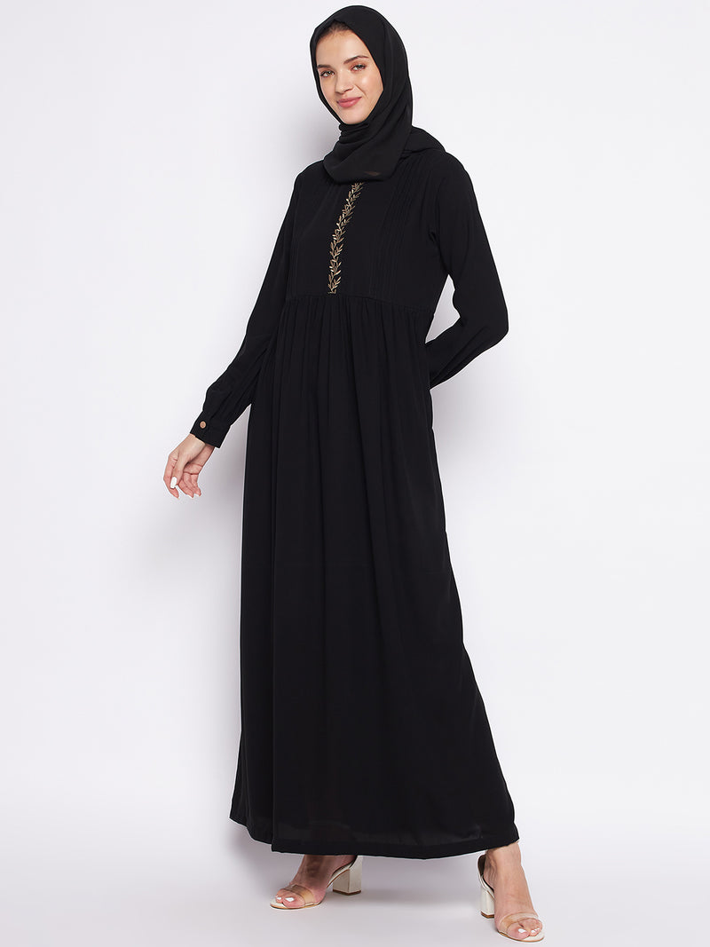 Nabia Black Solid Nida Matte Fabric Abaya For Women With Georgette Scarf