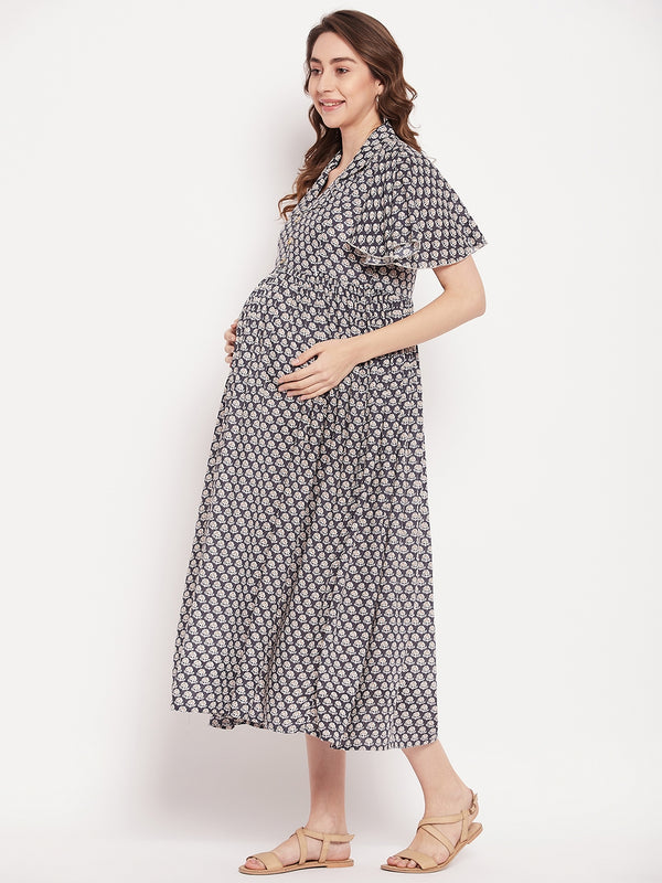 Nabia Women Grey Floral Printed Maternity & Nursing Dress