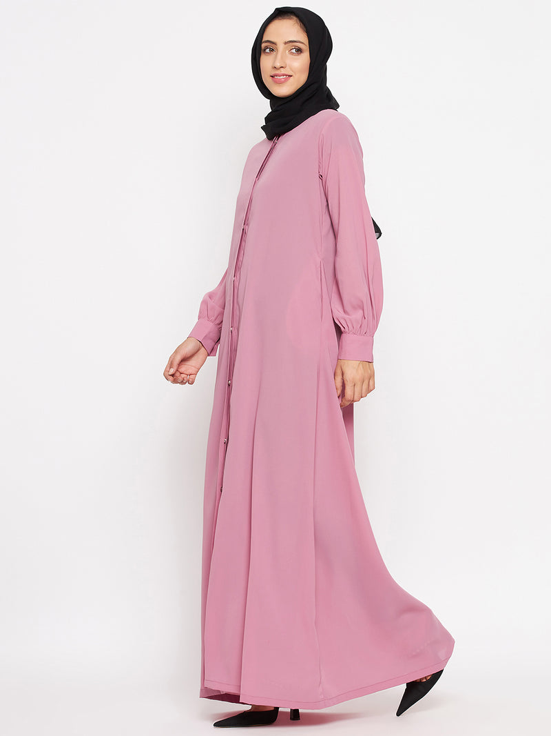 Nabia Women Fuse Pink Solid Front Open Abaya With Georgette Scarf