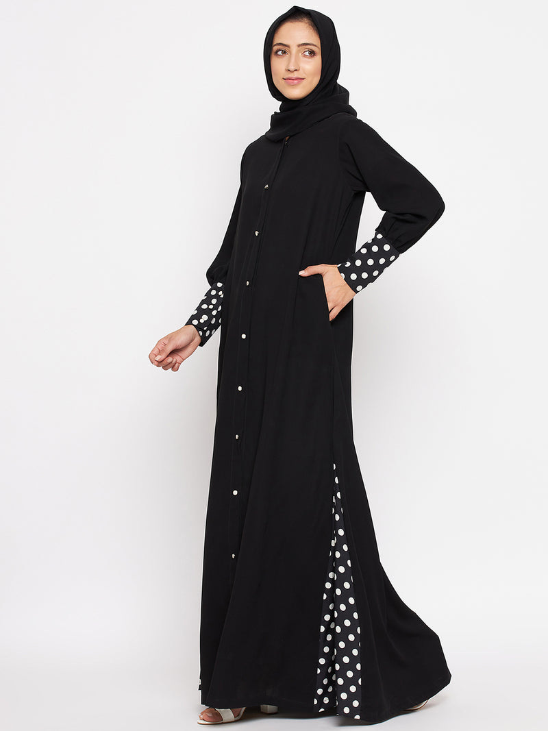 Nabia Women Black Polka Design Nida Matte Fabric Burqa With Georgette Scarf