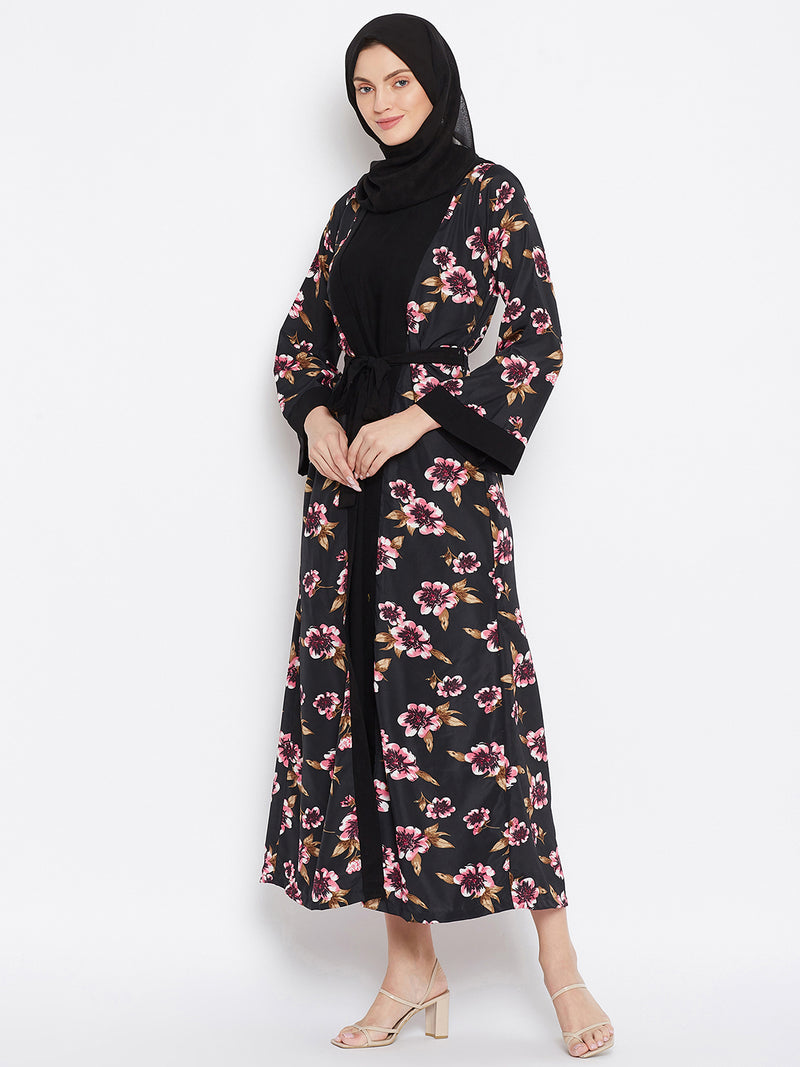 Nabia Women Black Floral Printed Shrug Attached Casual Abaya With Georgette Scarf