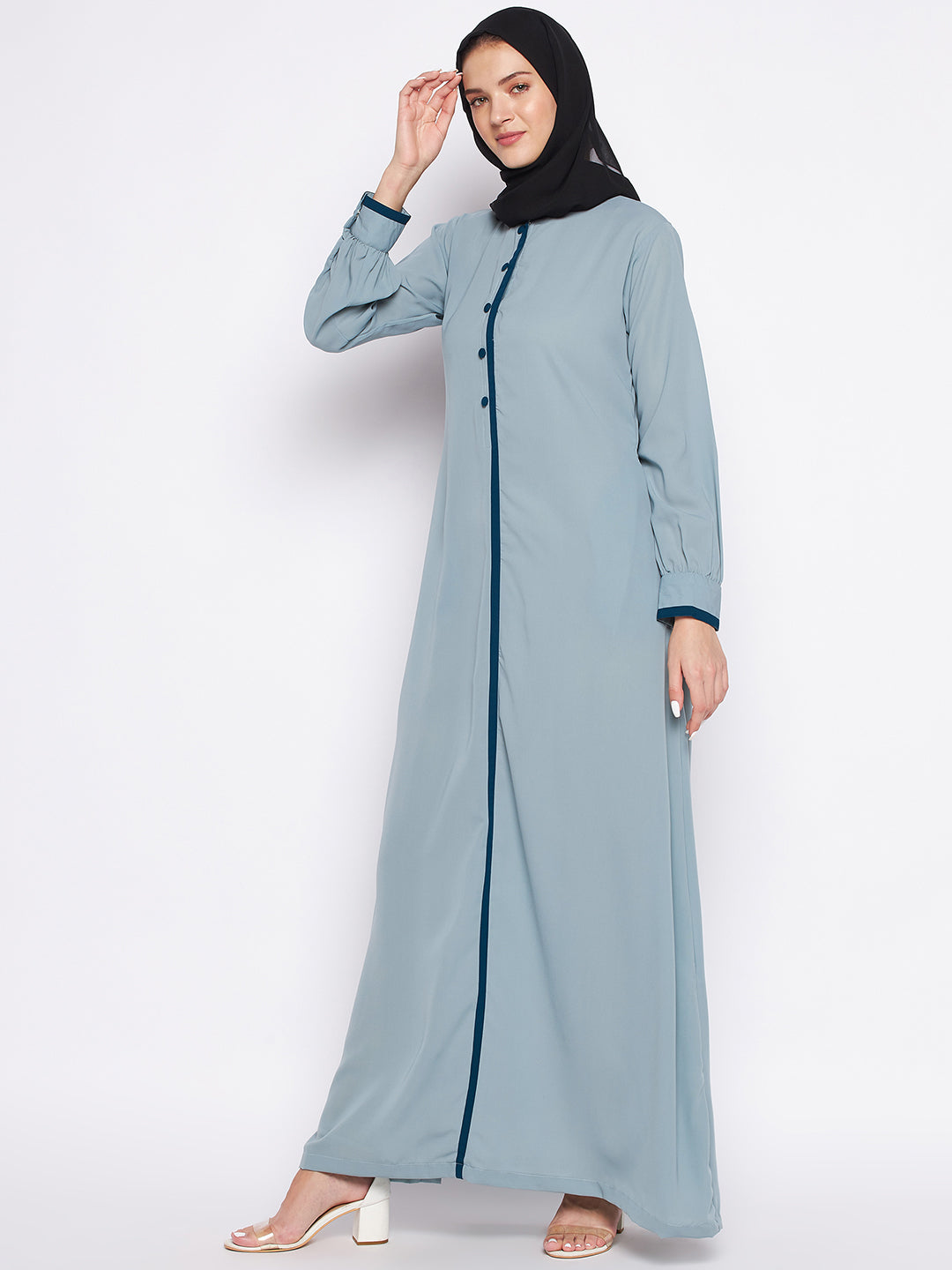 Nabia Sea Green Solid Nida Matte Fabric Abaya For Women with Georgette Scarf