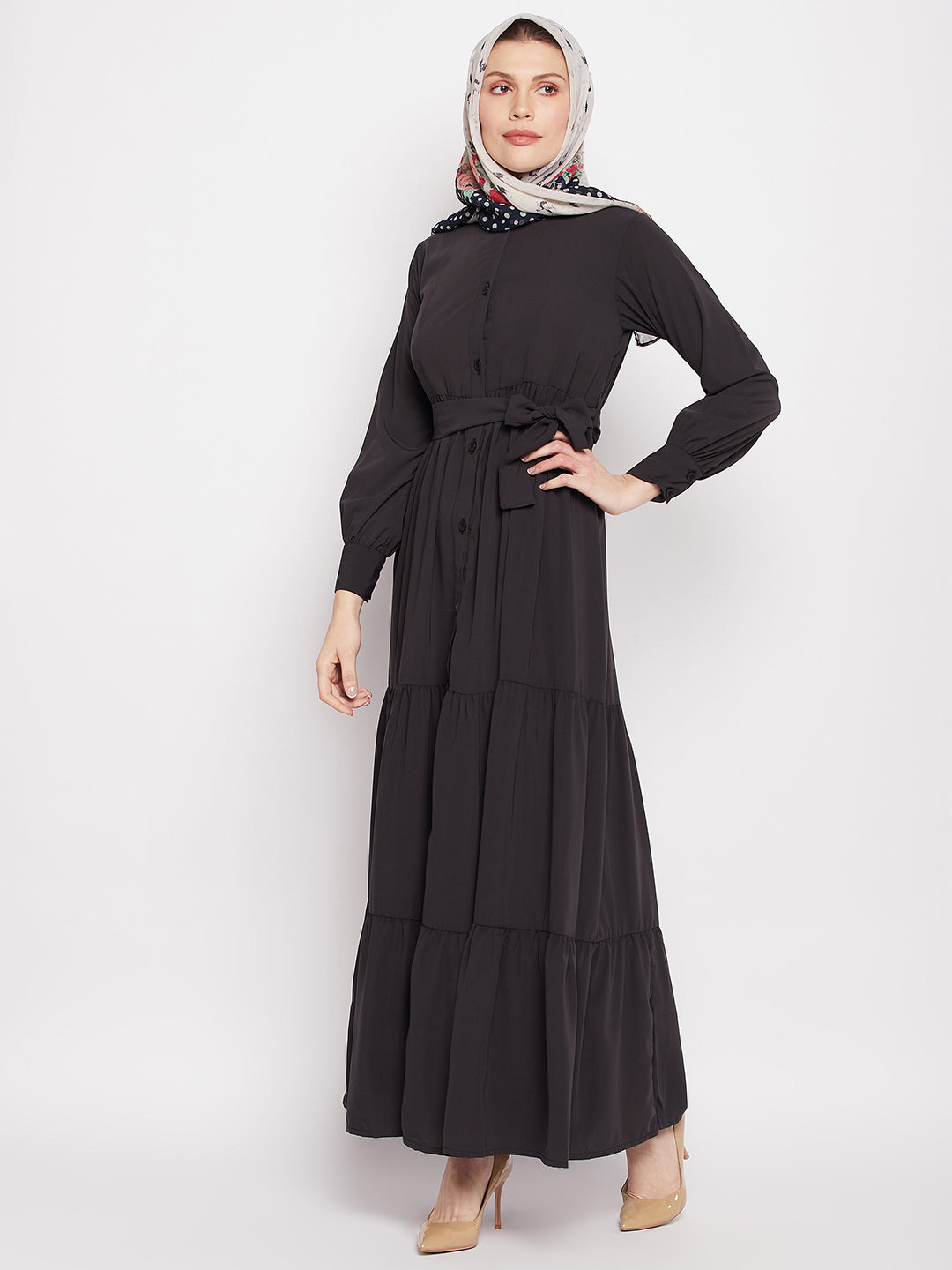 Nabia Women Olive Black Solid Frilled Abaya with Black Georgette Scarf