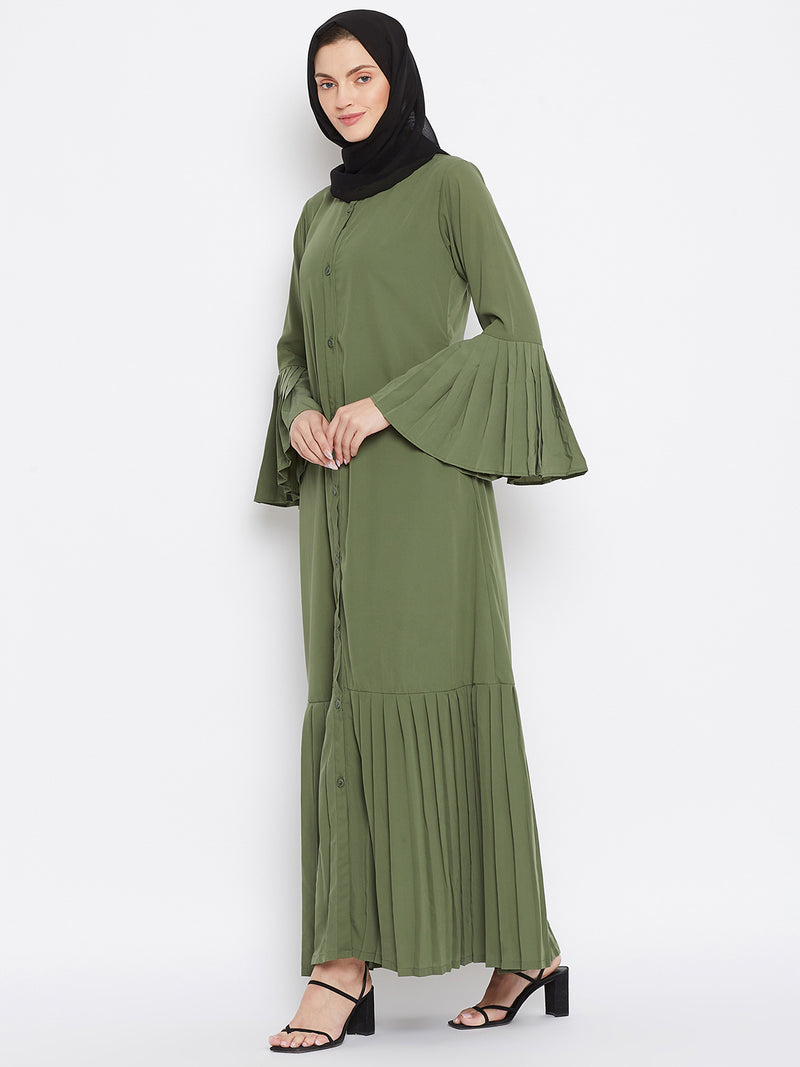 Nabia Women Jate Green Solid Nida Plated Front Open Abaya With Georgette Scarf