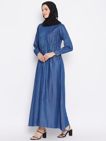 Nabia Women Blue Solid Denim Front Open Abaya Dress With Georgette Scarf
