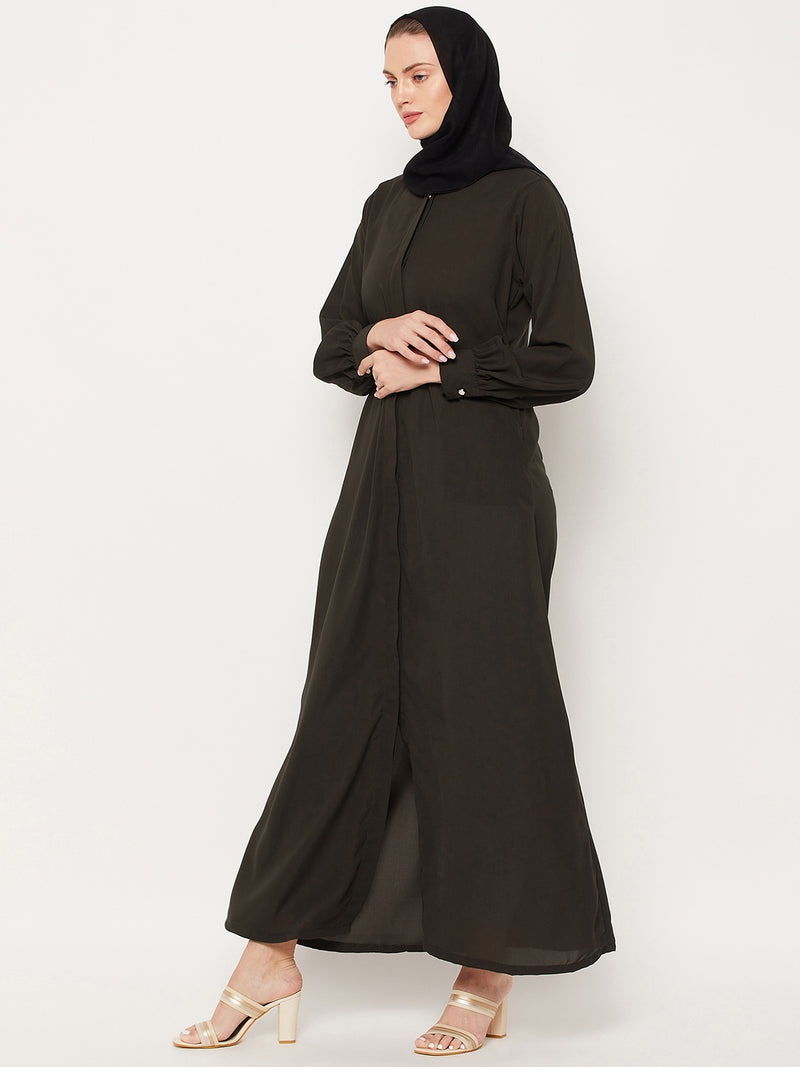 Nabia Olive Green Nida Mate Fabric Front Open  Abaya With Georgette Scarf