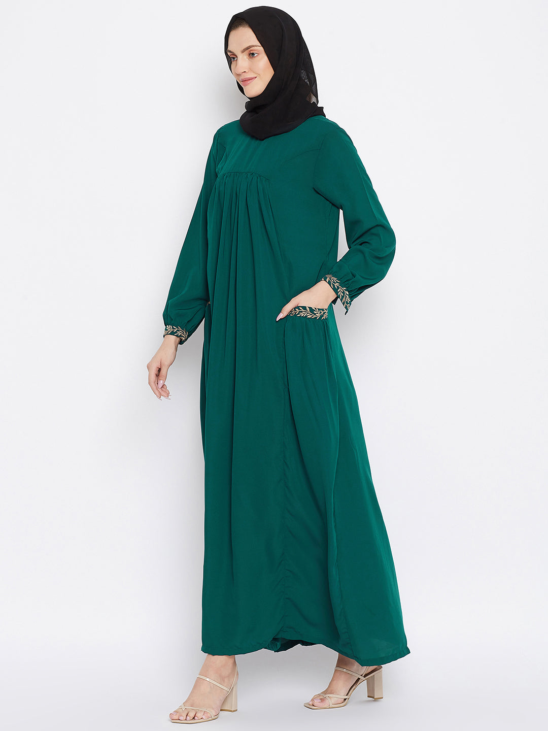 Nabia Women Bottle Green Pocket Embroidery Nida Matte Fabric Abaya with Georgette Scarf
