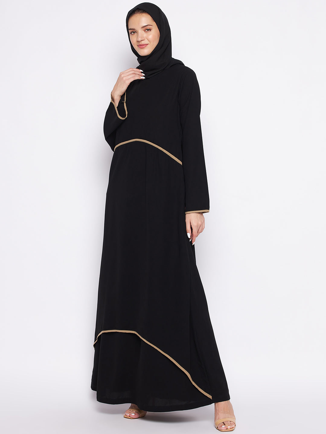 Nabia Black Double Layer Abaya for Women with Georgette Scarf