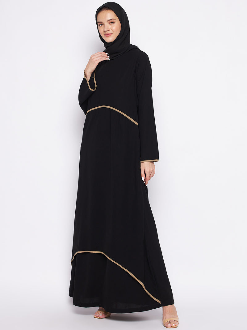 Nabia Black Nida Matte Fabric Piping Design Double Layer Abaya For Women With Georgette Scarf