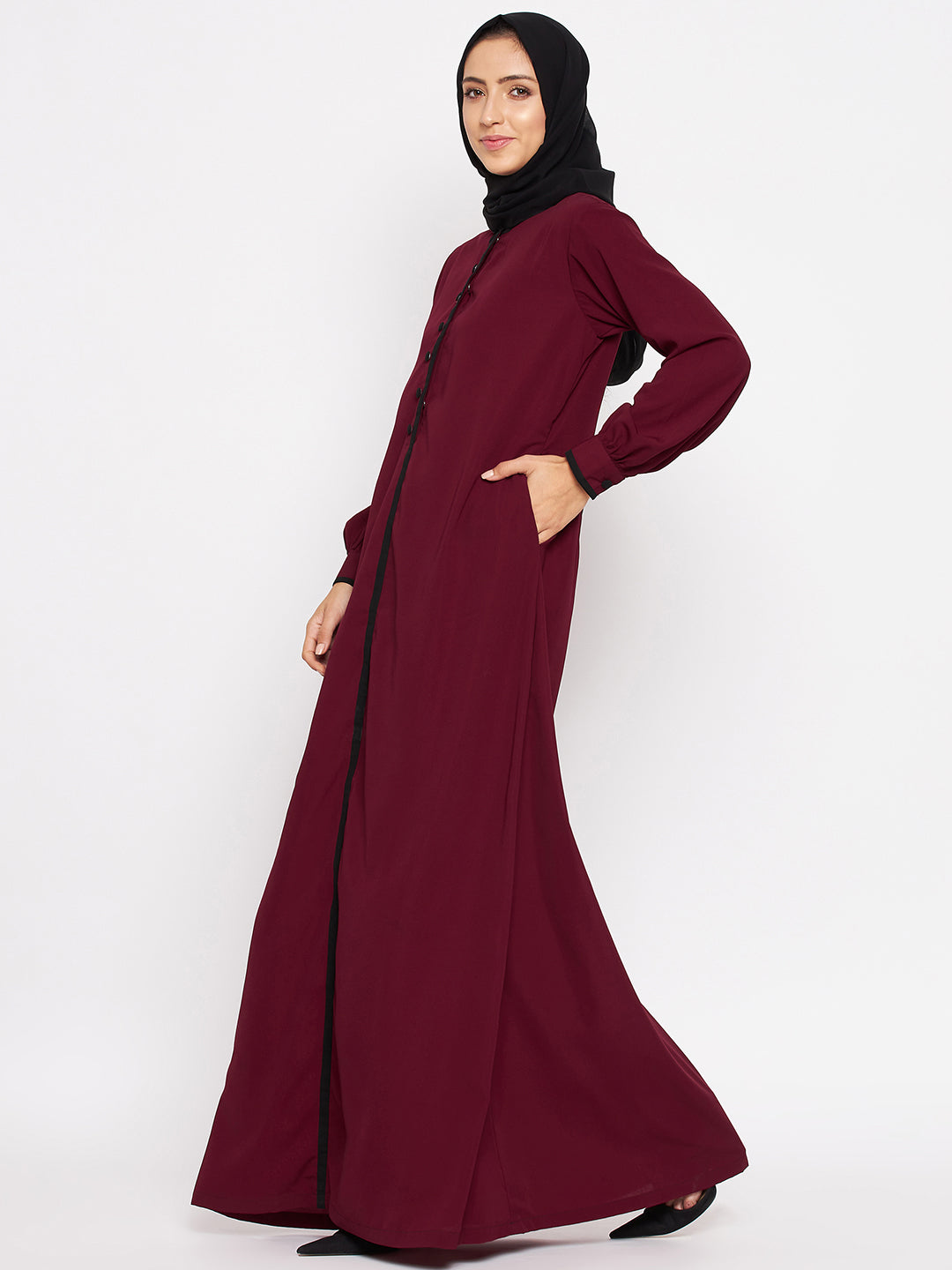Nabia Women Maroon Piping Design Abaya/Burqa With Georgette Scarf