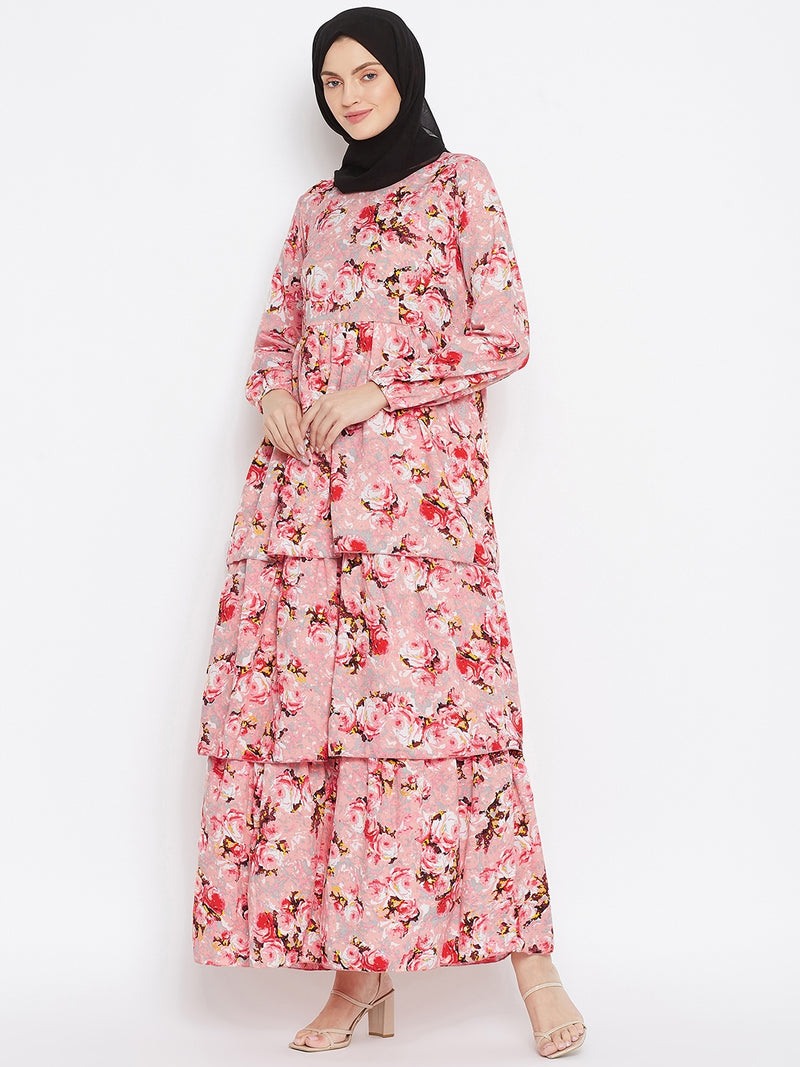 Nabia Women Pink Floral Printed Crepe Three Frill Abaya Dress With Georgette Scarf