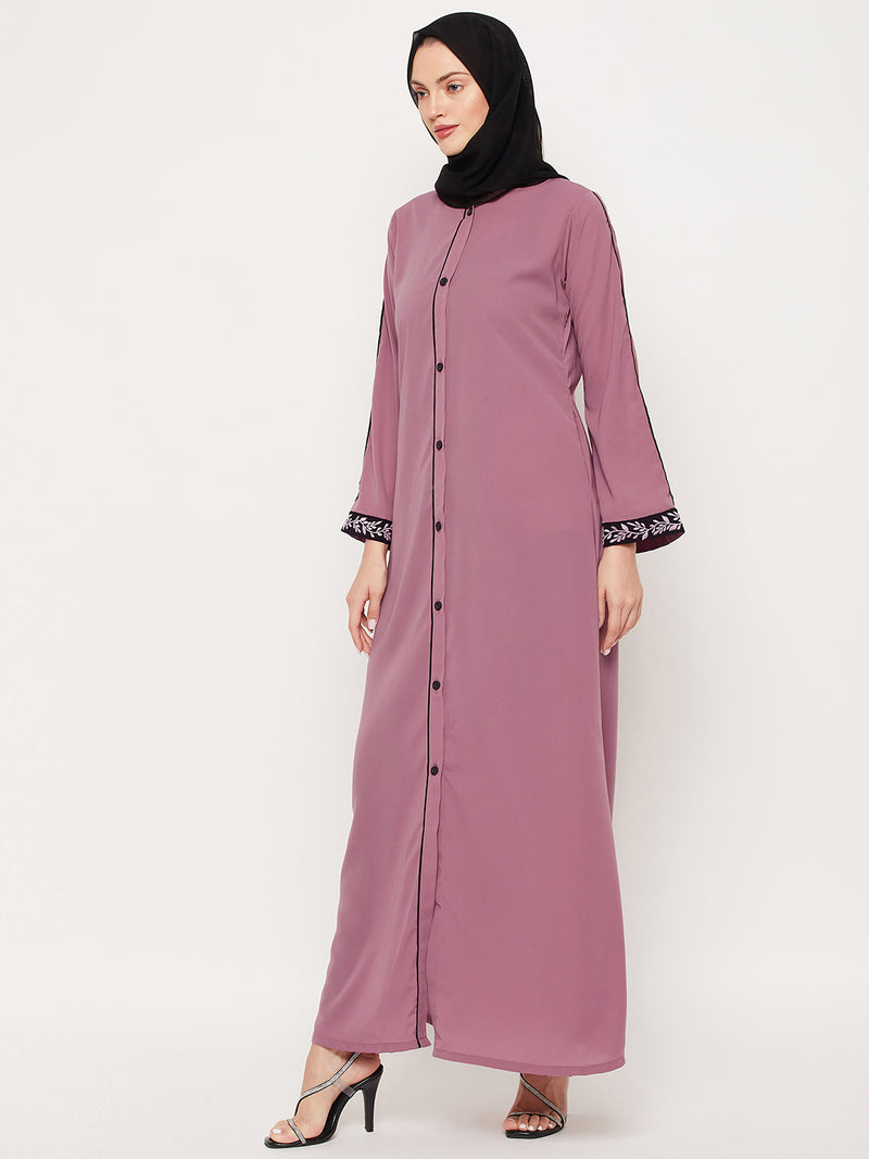 Nabia Puce Pink Nida Matte Fabric Embroidery Work Women Abaya With Georgette Scarf
