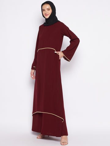 Nabia Maroon Nida Matte Fabric Piping Design Double Layer Abaya For Women With Georgette Scarf