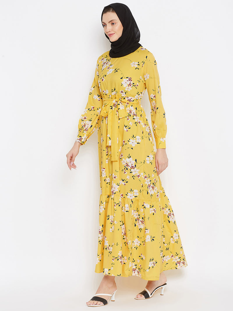 Nabia Women Yellow Floral Printed Crepe Two Frill Abaya Dress With Georgette Scarf