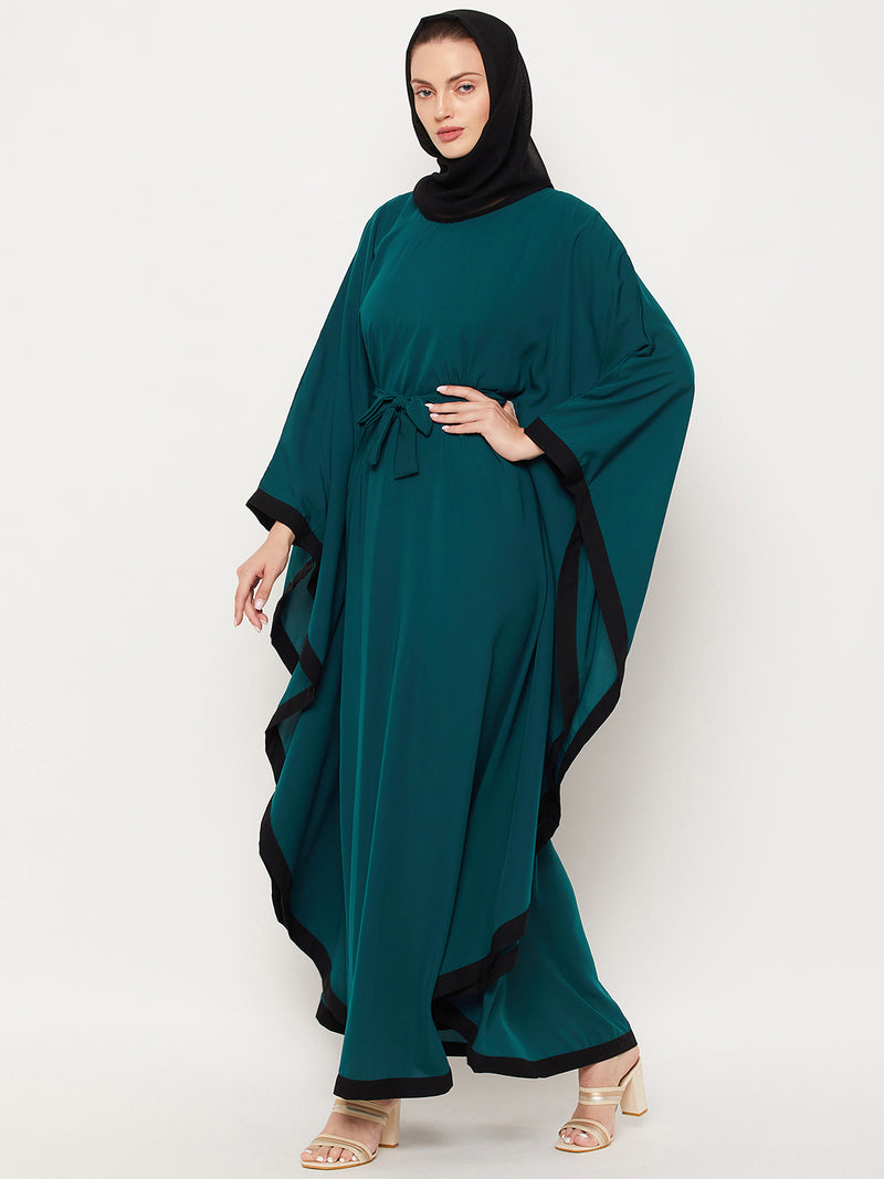 Nabia Bottle Green Nida Matte Full Length Kaftan Abaya With Georgette Scarf